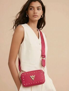 NWT Valentino Orlando Hot Pink Studded Camera Crossbody Gold V Logo